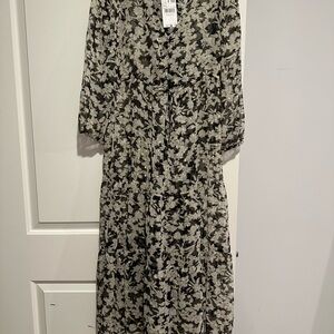 Mango Black and Cream Floral Tiered Maxi Dress with gold accents- NEW